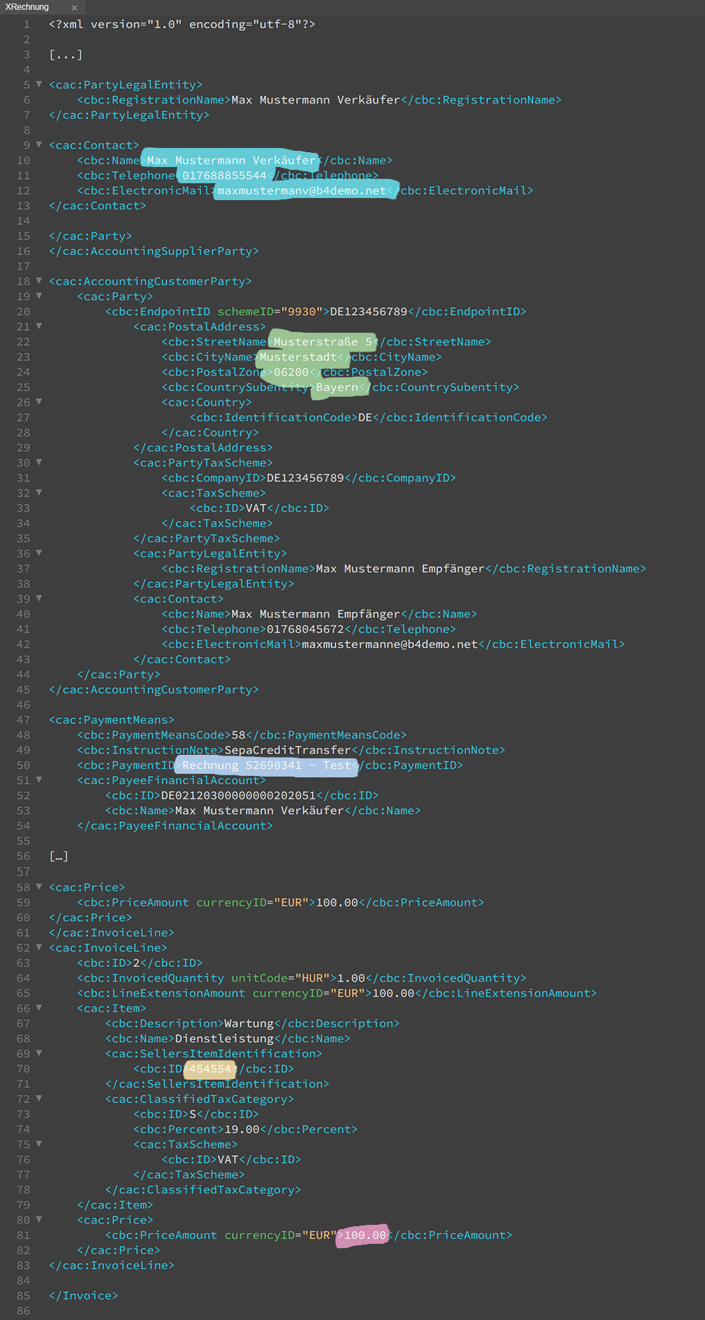 Der Code für eine XRechnung im XML-Format, dargestellt in einem Programmierfenster